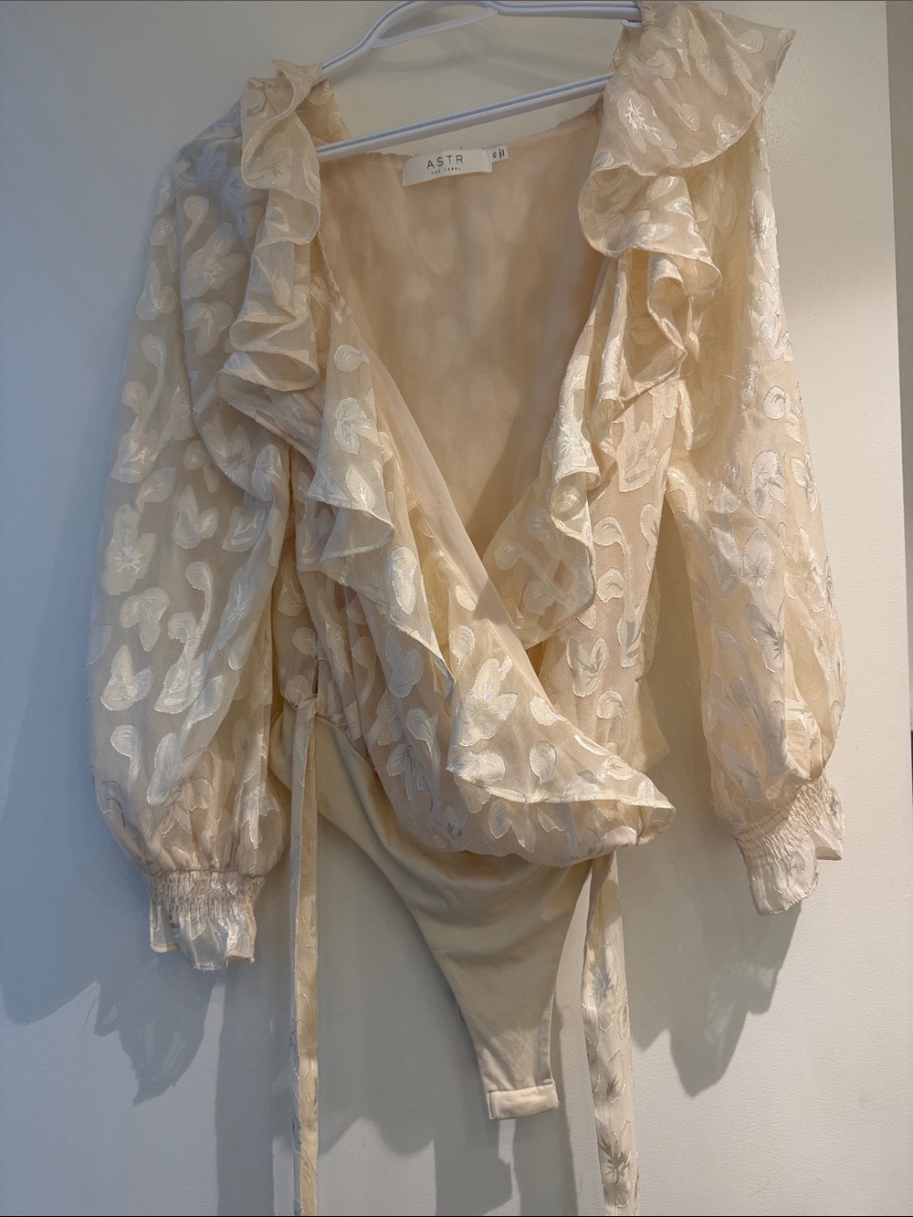 ASTR Cream Ruffle Wrap Floral Embroidered Bodysuit
